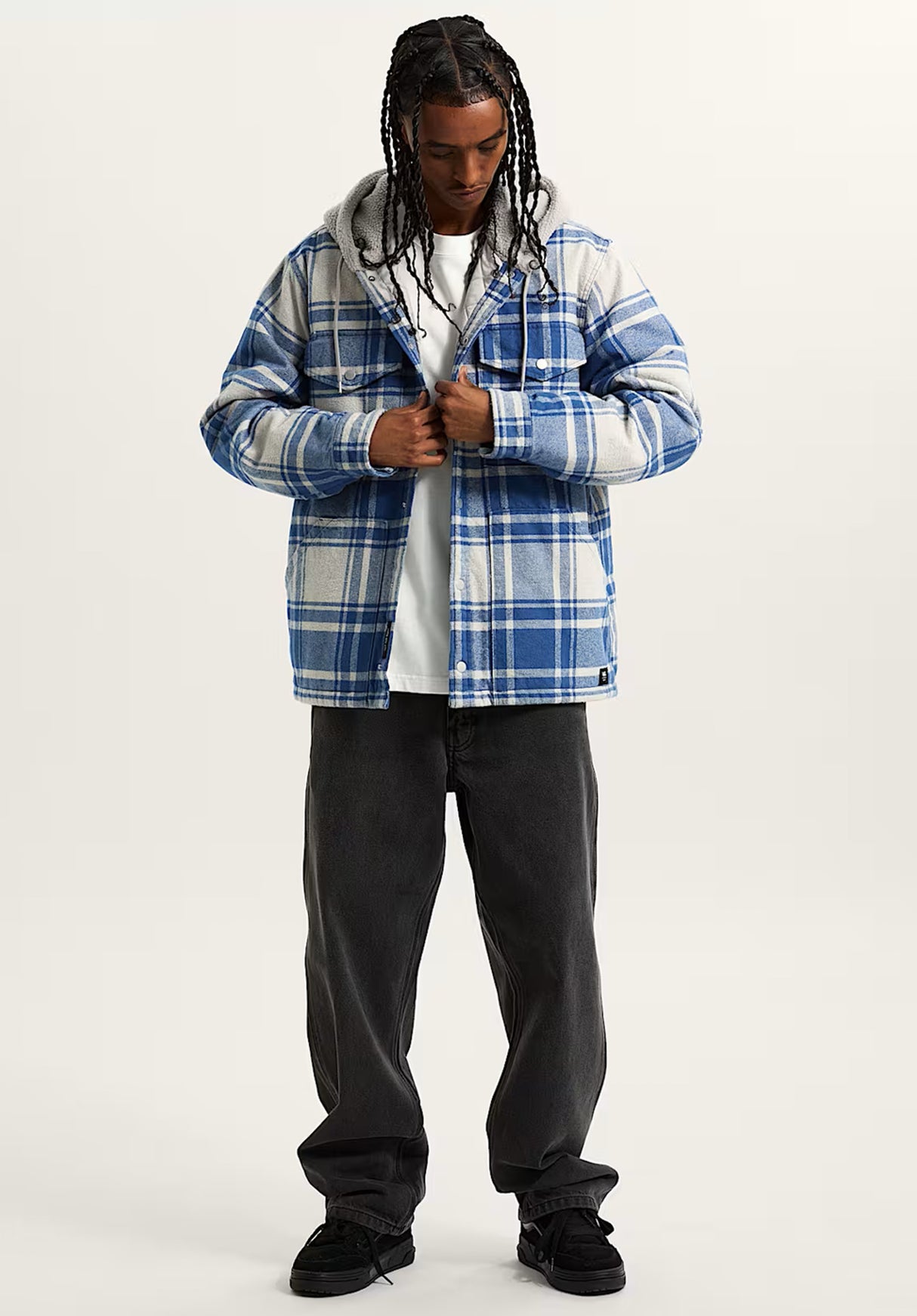 Piedmont Hooded Plaid Shacket oatmealheather-truenavy Closeup1