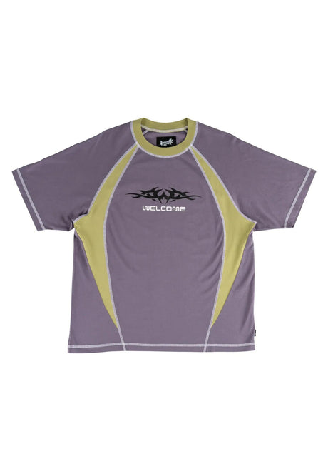 Welcome Rash Boxy Paneled Raglan T-Shirt grape – Front view