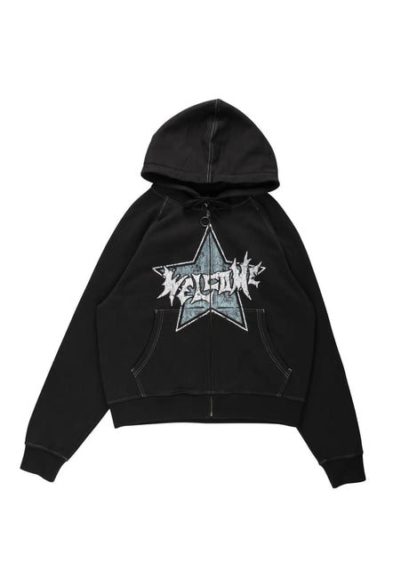 Welcome Allstar Cropped Boxy Felpa con cappuccio e zip black – Vista frontale